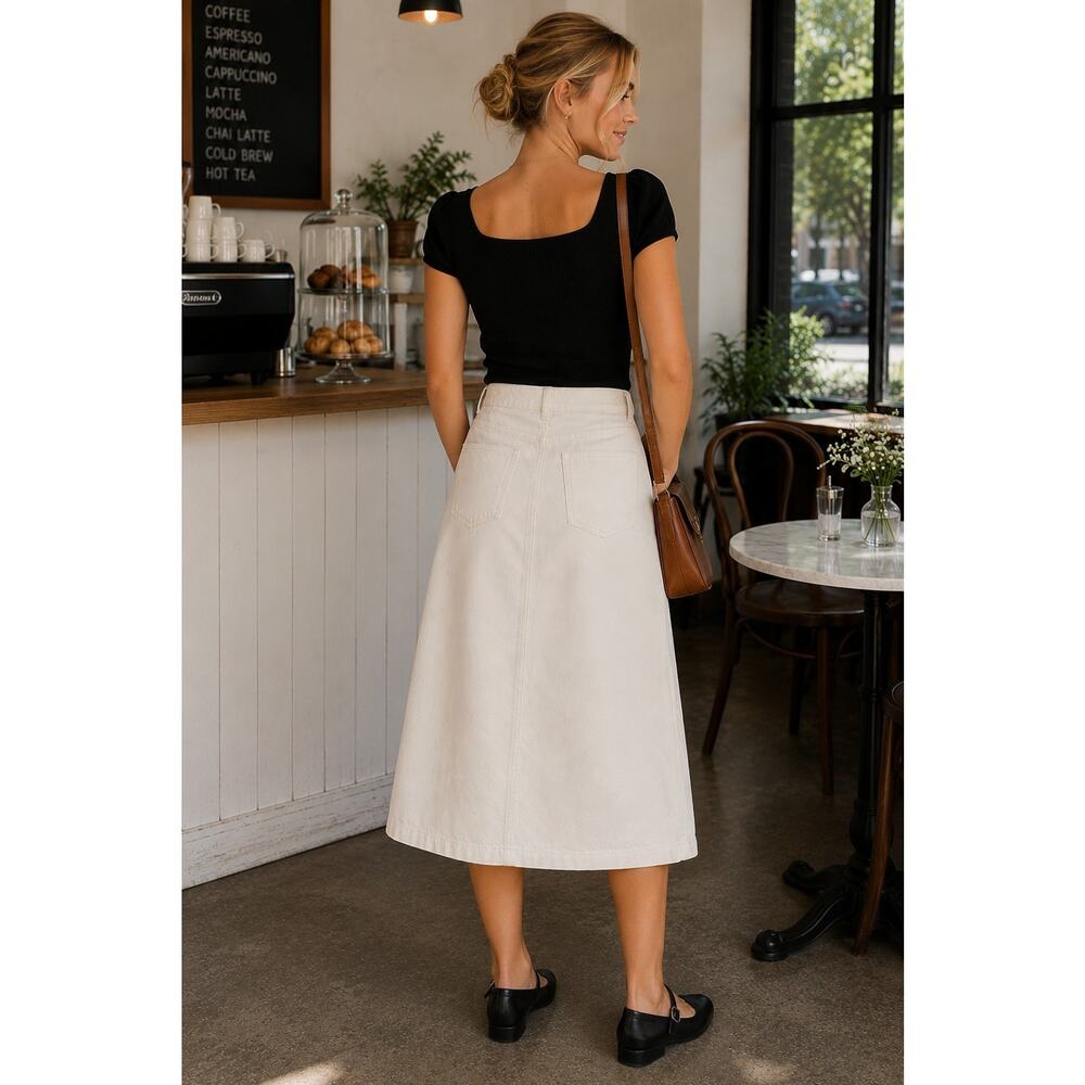 Blue B Collection Ivory Denim Off-Center Front Midi Skirt Women's Small NWT - Picture 2 of 8